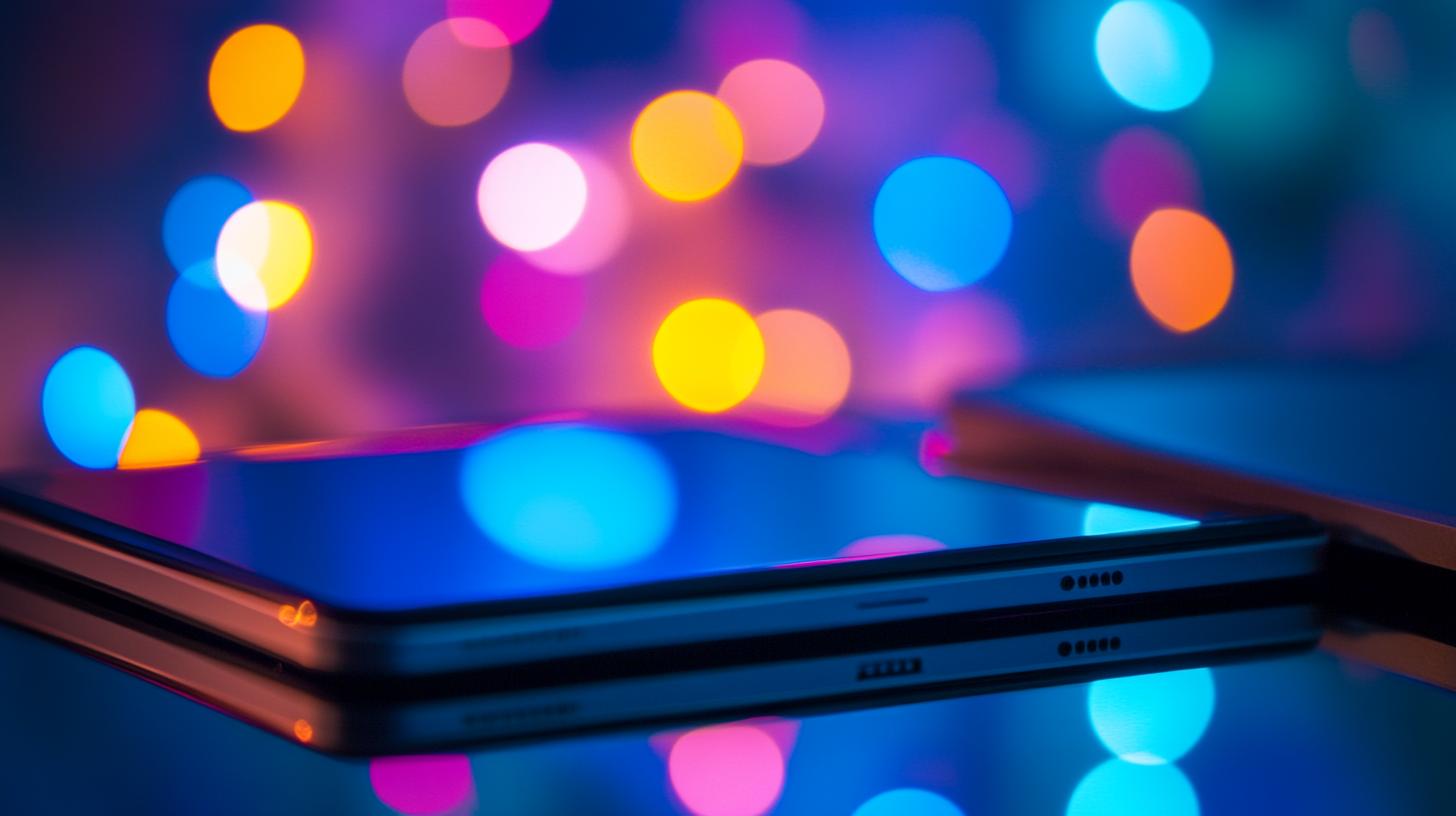 Colorful bokeh lights reflecting off a sleek laptop in a dark environment