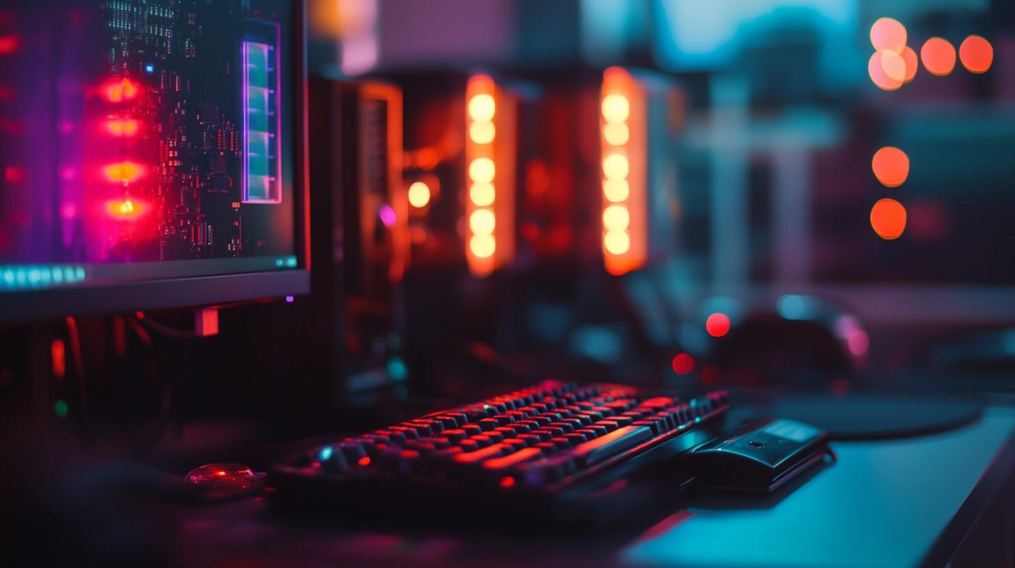 A computer setup with colorful LED lights and a keyboard in a dark room suitable for gaming or programming.