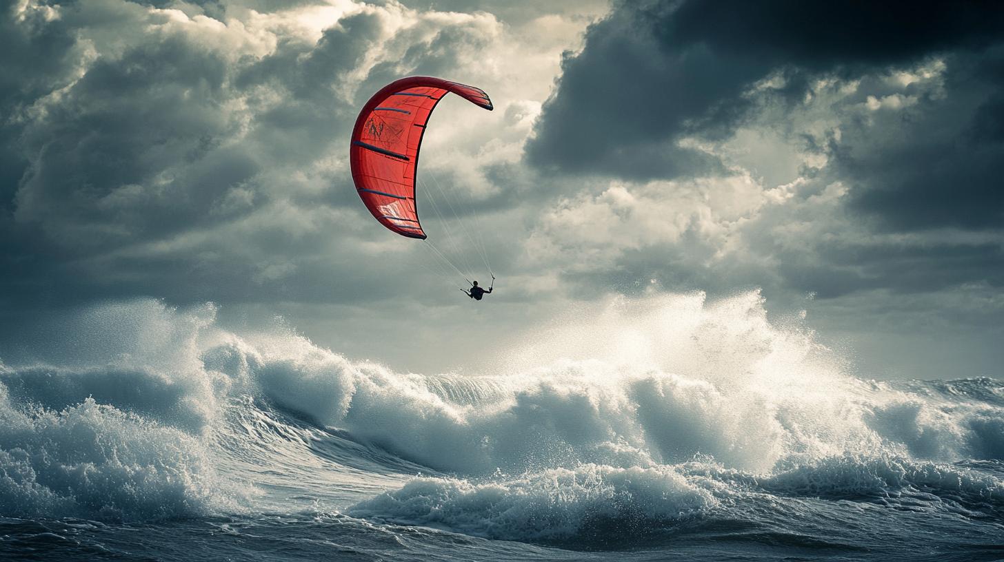 Kite surfer with red kite riding large ocean waves under stormy skies