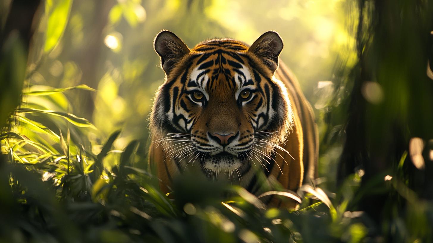 A majestic tiger prowling through a lush green forest with sunlight filtering through the trees