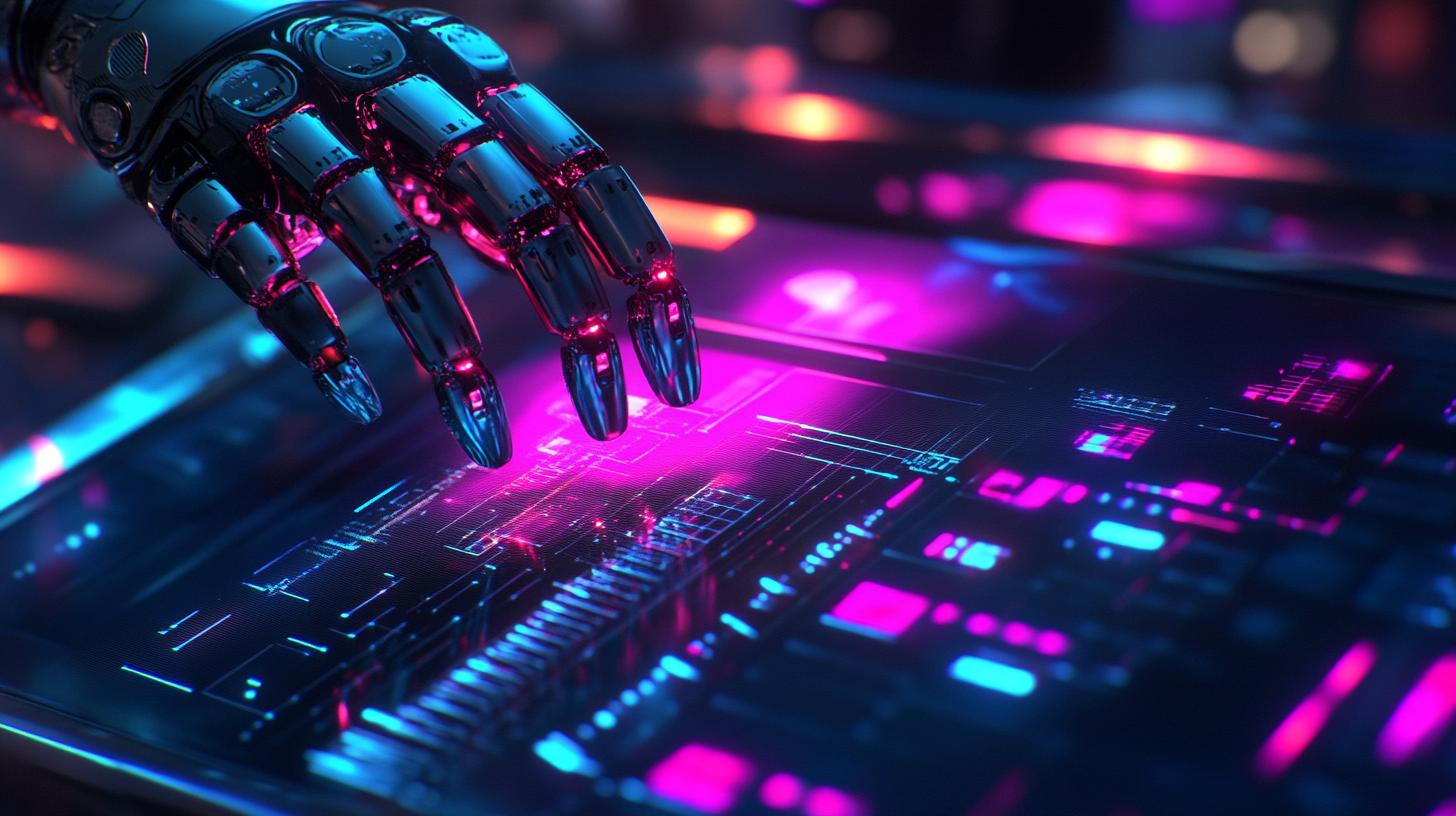 Robot hand touching holographic digital interface futuristic technology artificial intelligence innovation