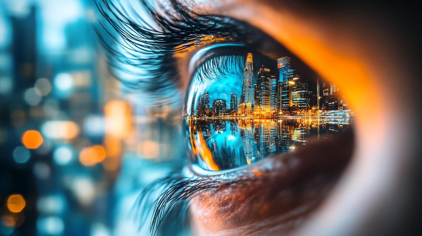Close-up of an eye with a vibrant cityscape reflection showcasing skyscrapers and lights, symbolizing urban vision and innovation