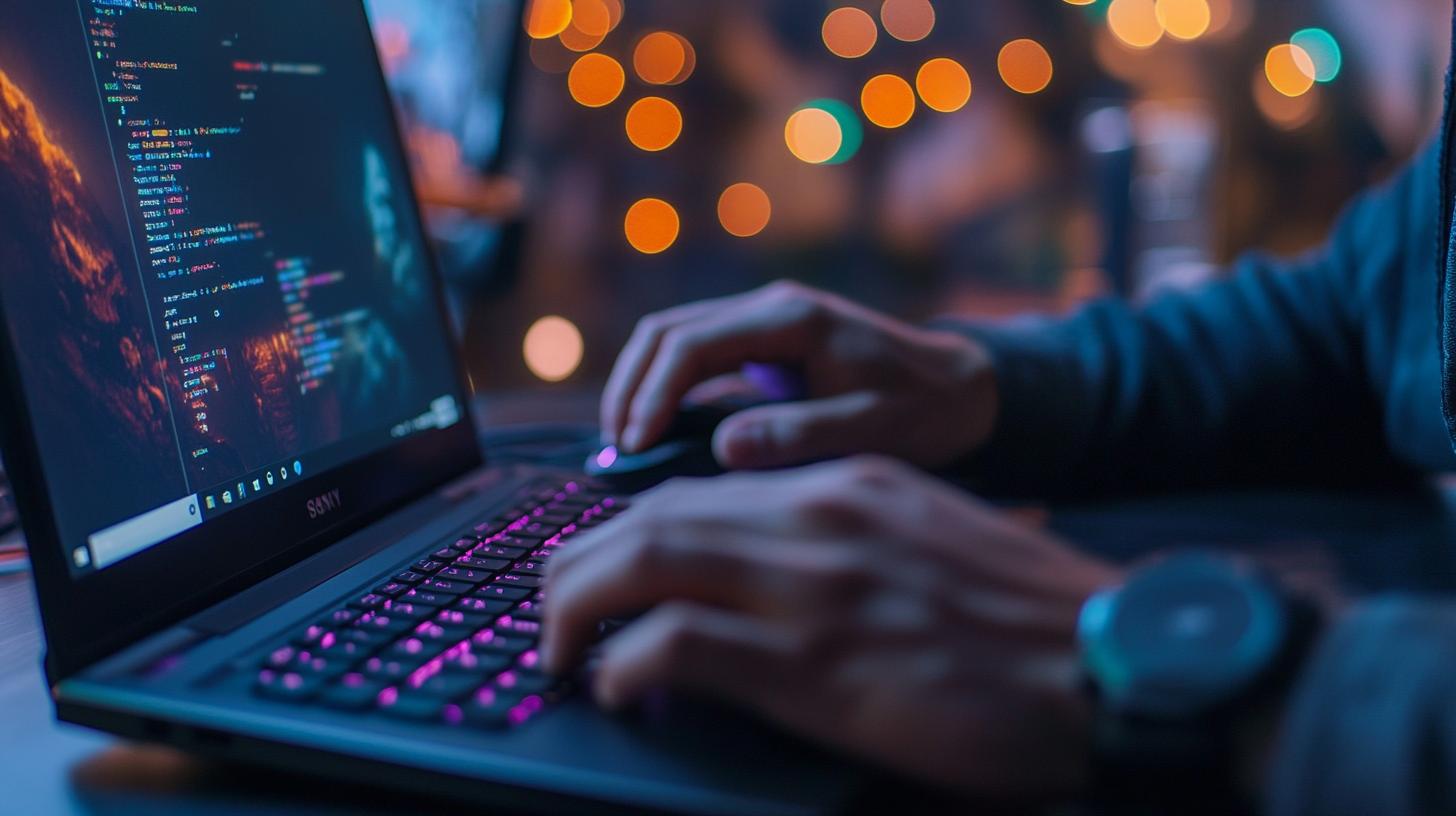 Person coding on a laptop with colorful bokeh effect in the background