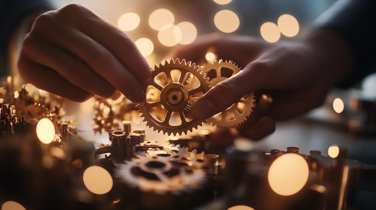 Close-up of hands assembling gold gears with bokeh lights in the background.