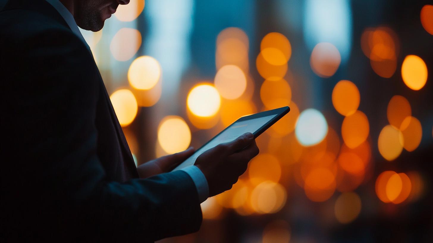 Business professional using a tablet at night with city lights in the background
