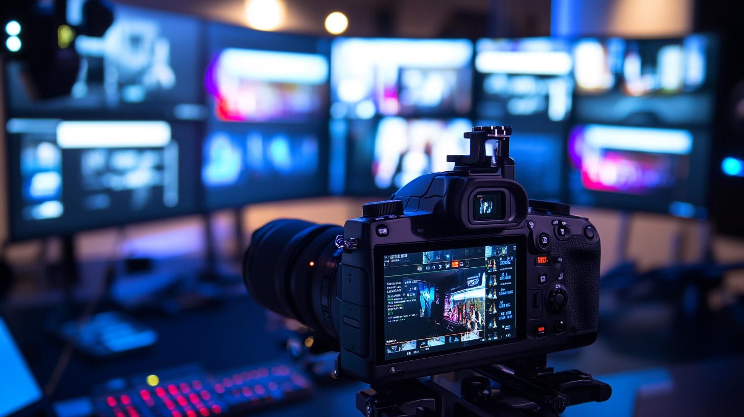 Professional camera recording multiple computer screens in a control room with a blurred background of monitors