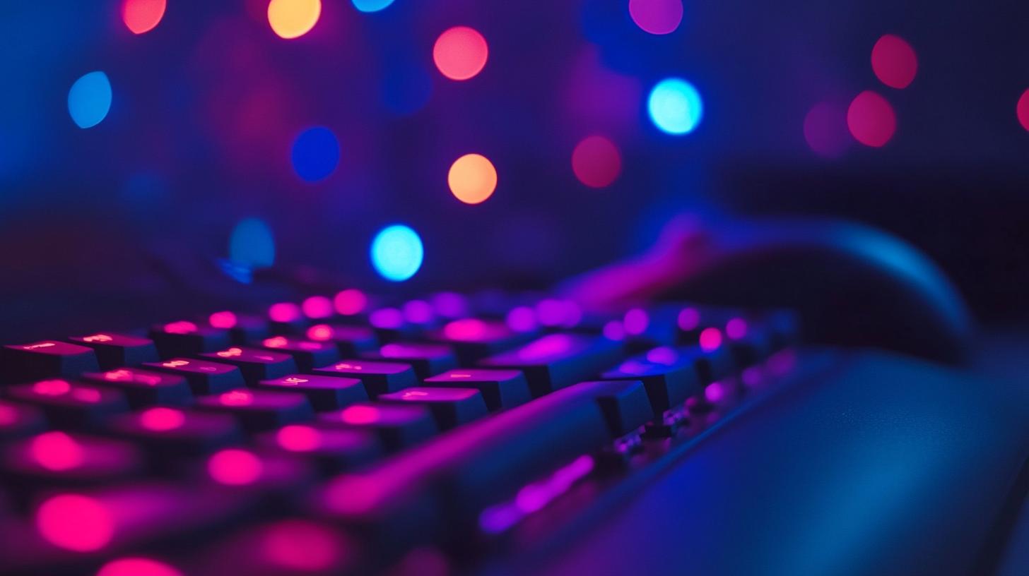 Colorful gaming keyboard with vibrant pink and blue backlighting against a blurred background of multicolored lights perfect for tech enthusiasts and gamers.