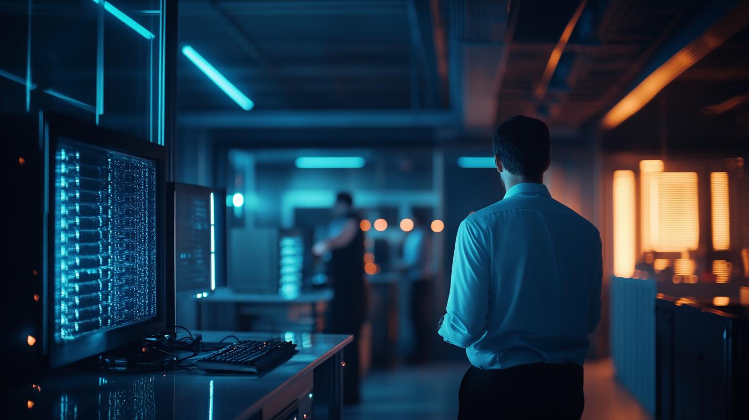Data center technician working in a server room with multiple screens and blue lighting