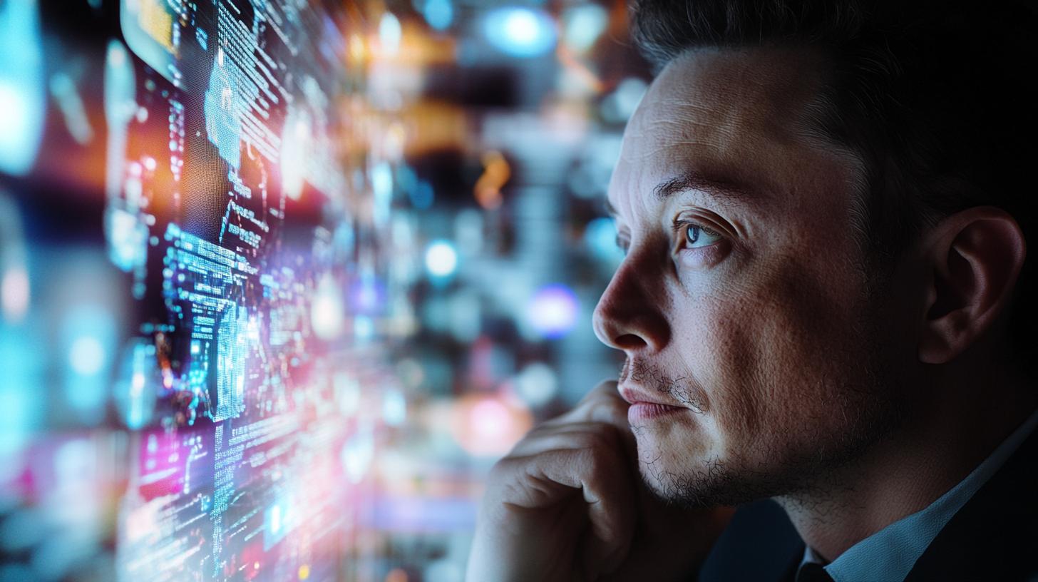 A focused man looking at a large digital screen displaying data and futuristic graphics.