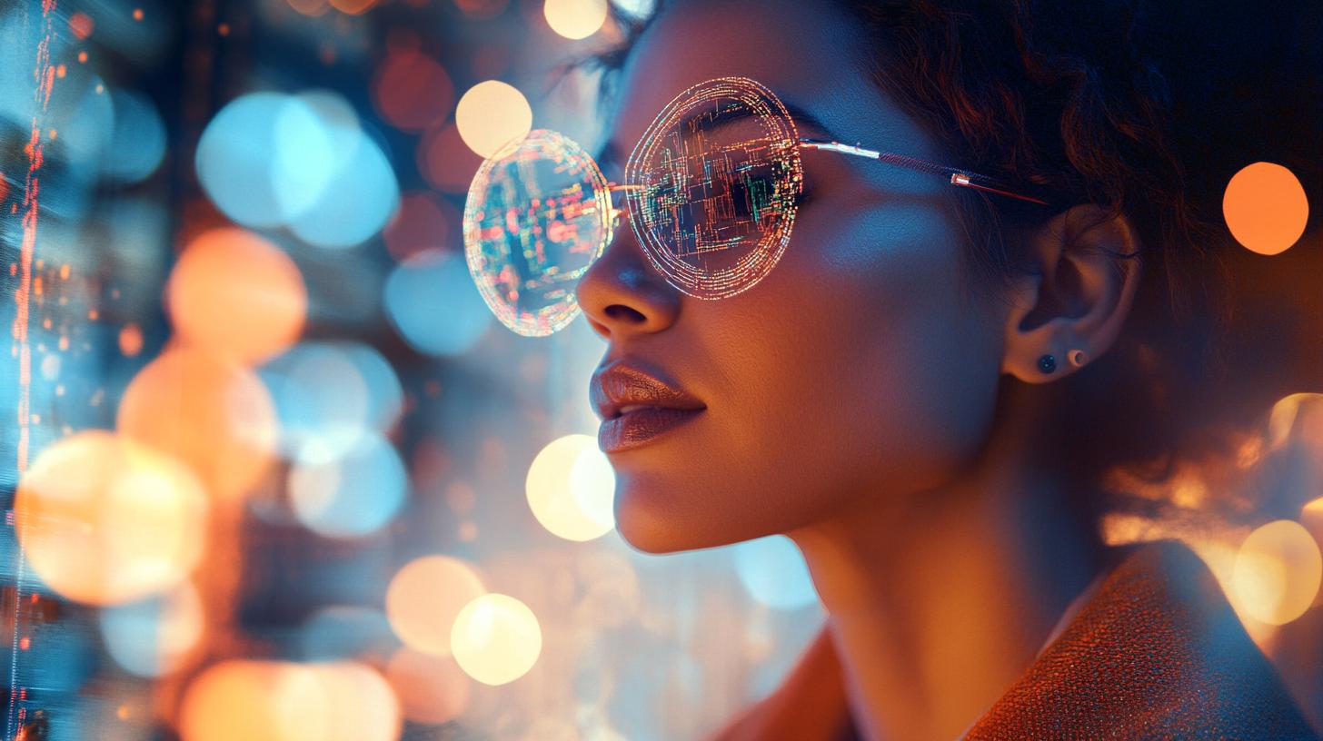 Woman wearing futuristic glasses with neon city reflections and colorful bokeh background