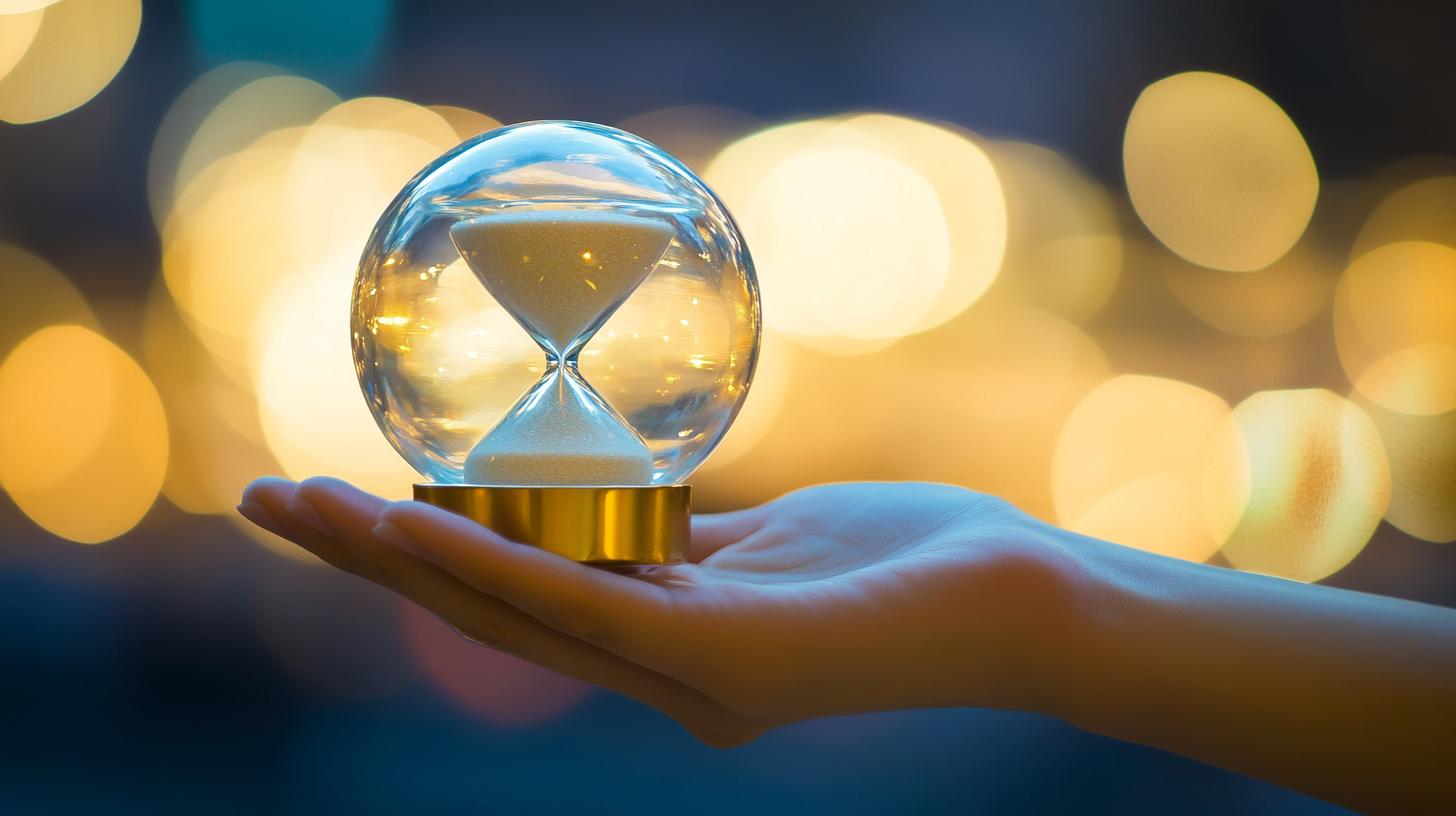 Hand holding a glass hourglass with blurred golden lights in the background symbolic of time and patience.