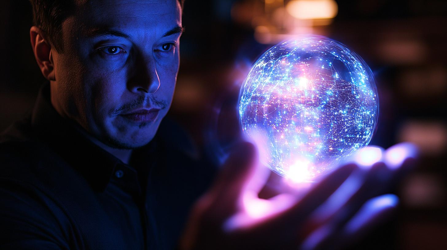 A man examining a glowing holographic sphere with blue and purple lights in a dark environment.