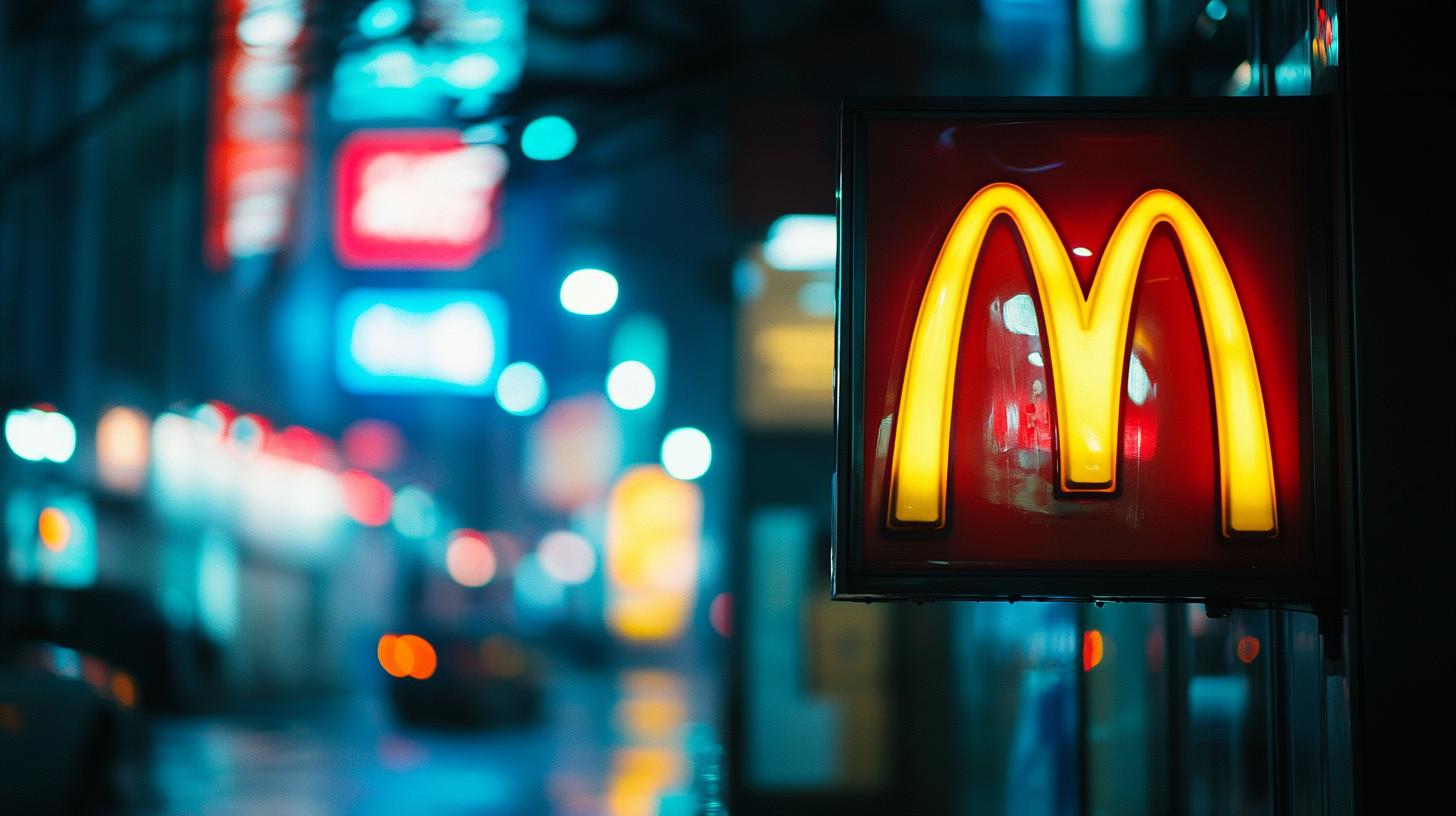 McDonald's logo sign in neon lights at night in a city street with blurred background