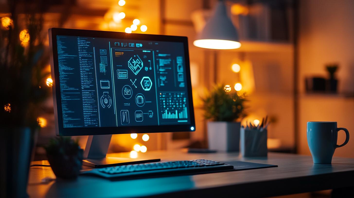 Modern workspace with a computer monitor displaying coding and data analytics in a dimly lit office environment with warm lights