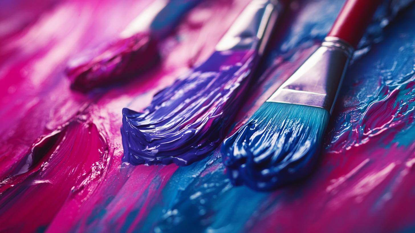 Paintbrushes with vibrant blue and purple paint strokes on canvas