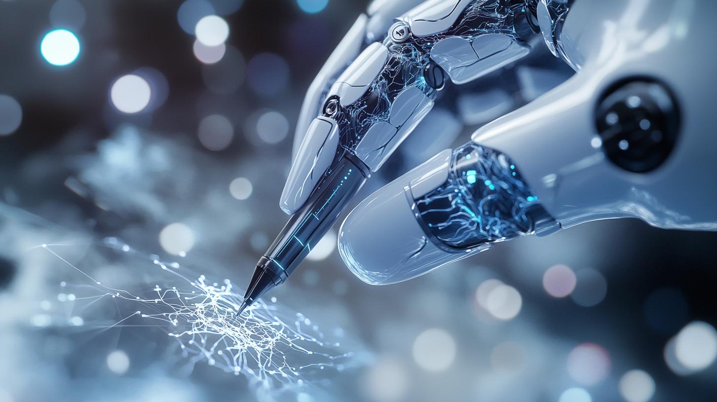 Robotic hand with a pen writing on glowing digital network background artificial intelligence technology concept
