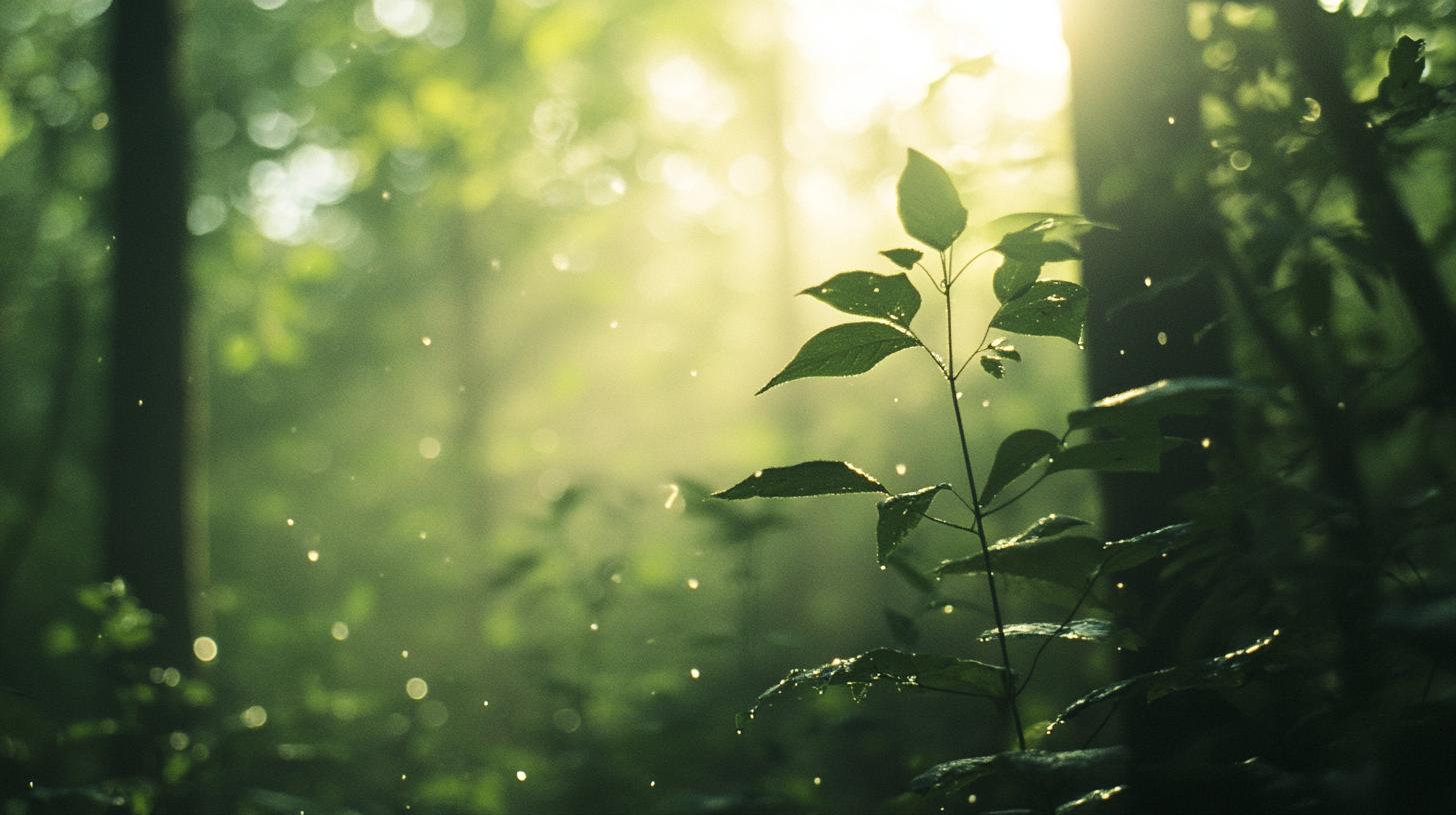 Sunlight filtering through lush green leaves and trees in a serene forest setting
