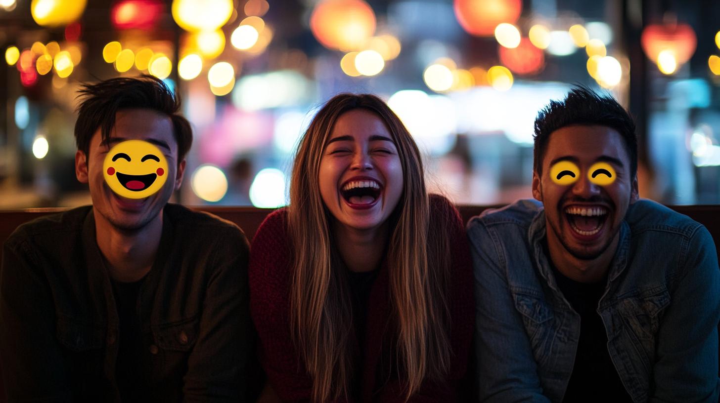 Three friends laughing and enjoying their time together at night with colorful lights in the background
