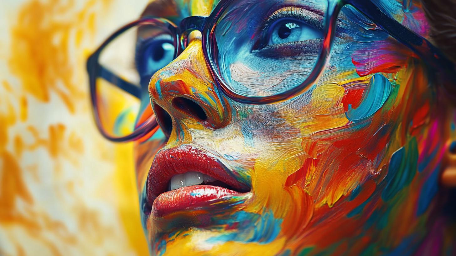 Close-up of a face with vibrant multicolored paint and glasses, showcasing abstract art and creativity.