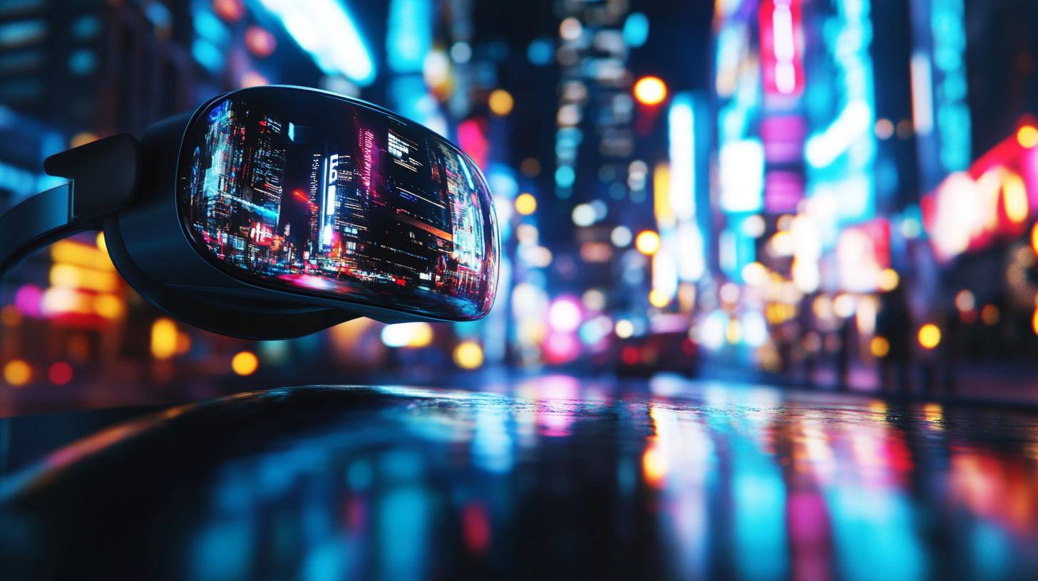 VR headset reflecting vibrant futuristic city lights neon colors in a blurred urban setting
