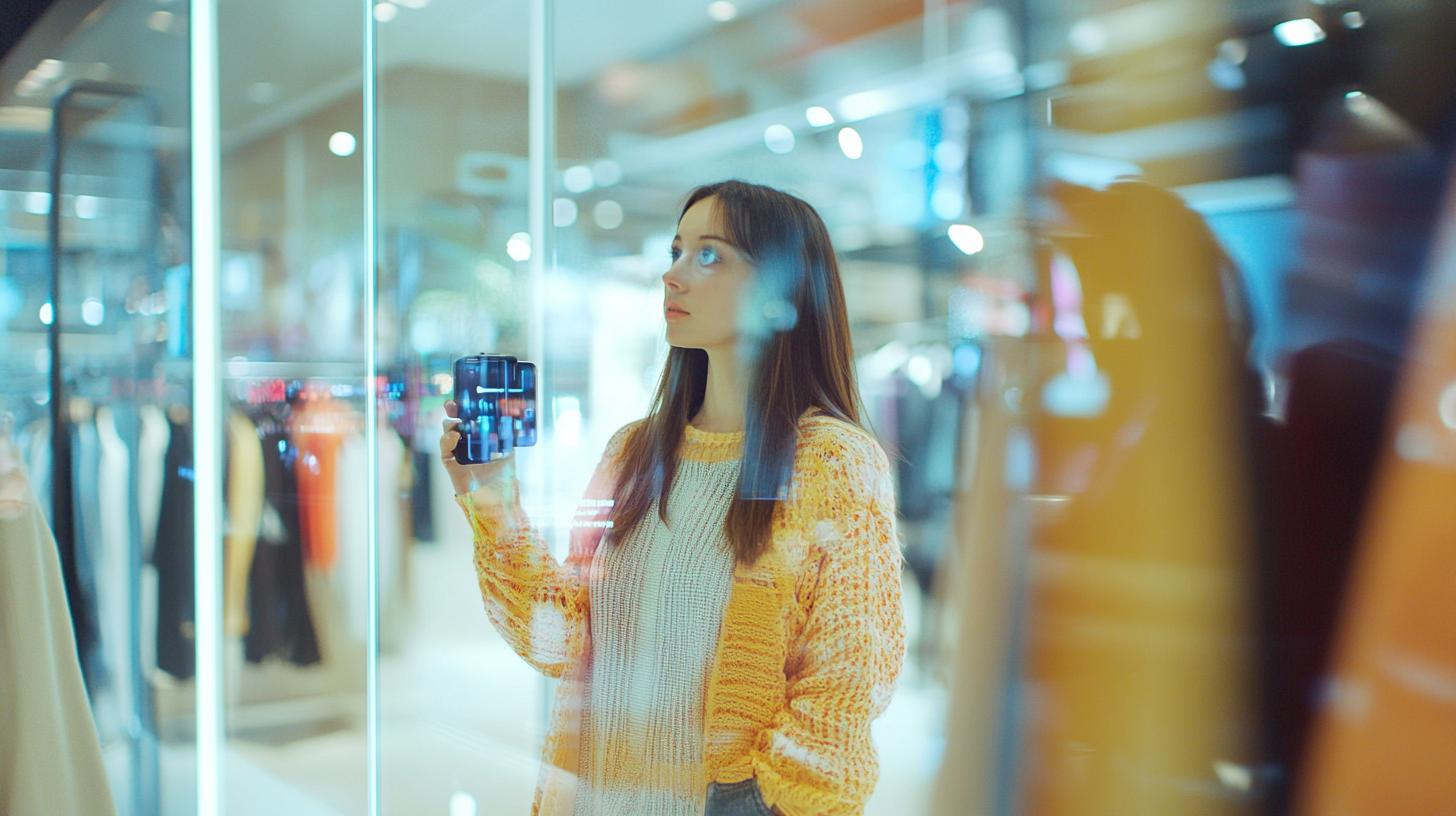 A woman looking at her phone while shopping in a brightly lit retail store.