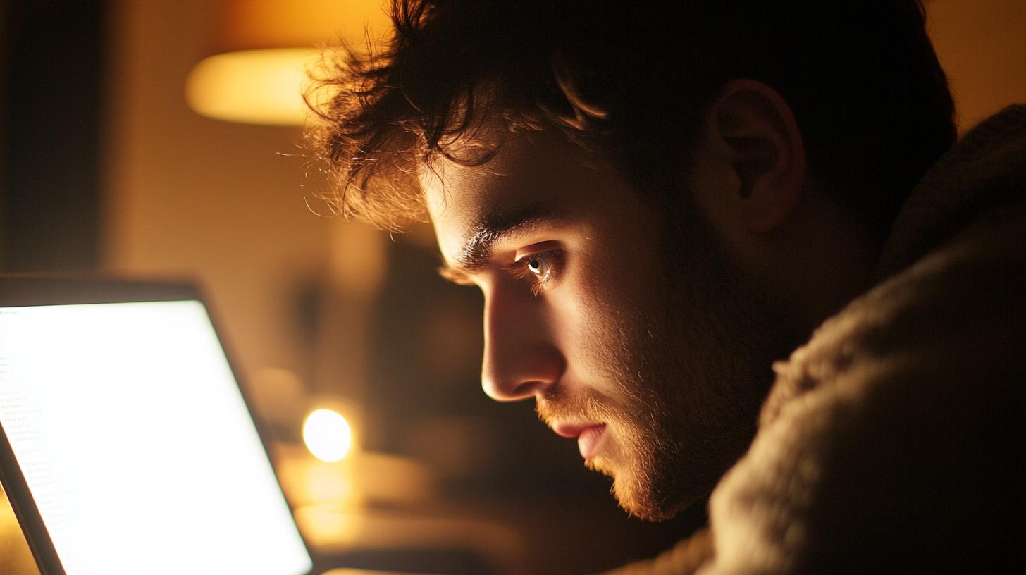Young man focused on a laptop screen in a dimly lit room